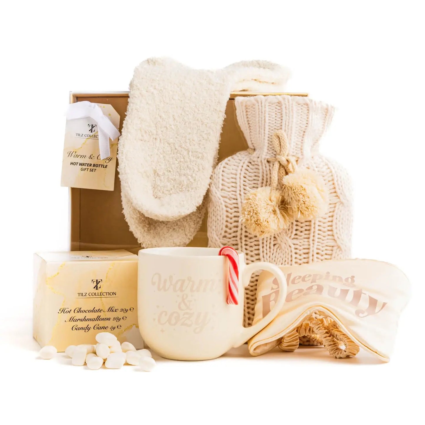 Women Gift Set -Hot Water Bottle, Hot Chocolate Mix, Mini Marshmallows, Mug, Socks, Crushed Candy |Mini Winter Hot Water Bottle