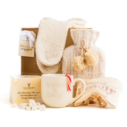 Women Gift Set -Hot Water Bottle, Hot Chocolate Mix, Mini Marshmallows, Mug, Socks, Crushed Candy |Mini Winter Hot Water Bottle