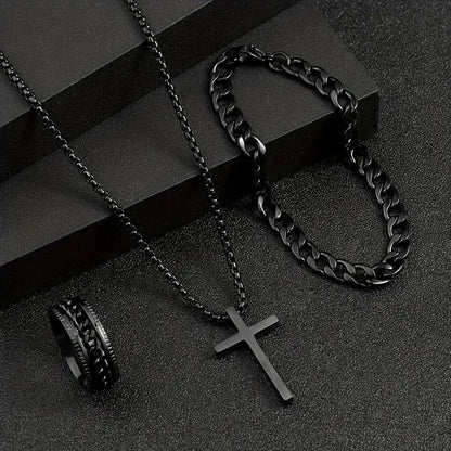 Men's Stainless Steel Jewelry Set: Cross Pendant Necklace + Cuban Link Bracelet + Engraved Band Ring - Fashion Hip Hop Accessori