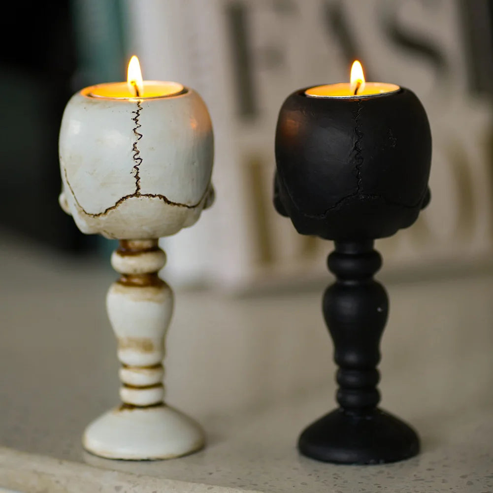 Pillar Candlestick Holder Gothic Skull Tealight Holder Resin Candlestick Table Decor Ornament for Halloween Decorations