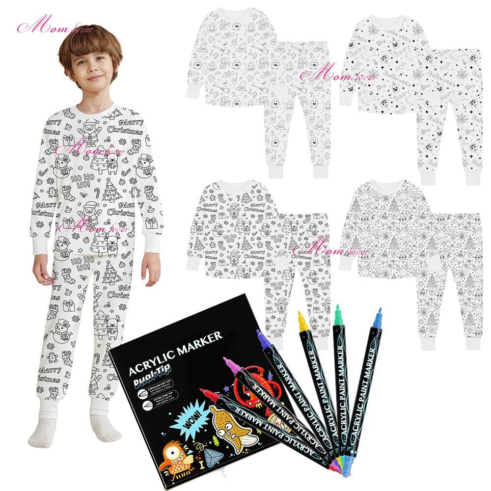 Christmas Colorable Two Piece Pajama Set for Children Boys Girls Hallowmas Pyjamas Kids DIY Coloring Kit for Pajama Party - HORA GIFT
