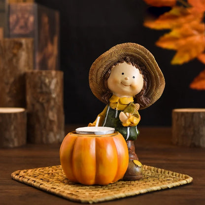Fall Harvest Pumpkin Boy Tealight Candle Holder Centerpiece Thanksgiving Resin Figurine Fairy Garden Statue Table Decor