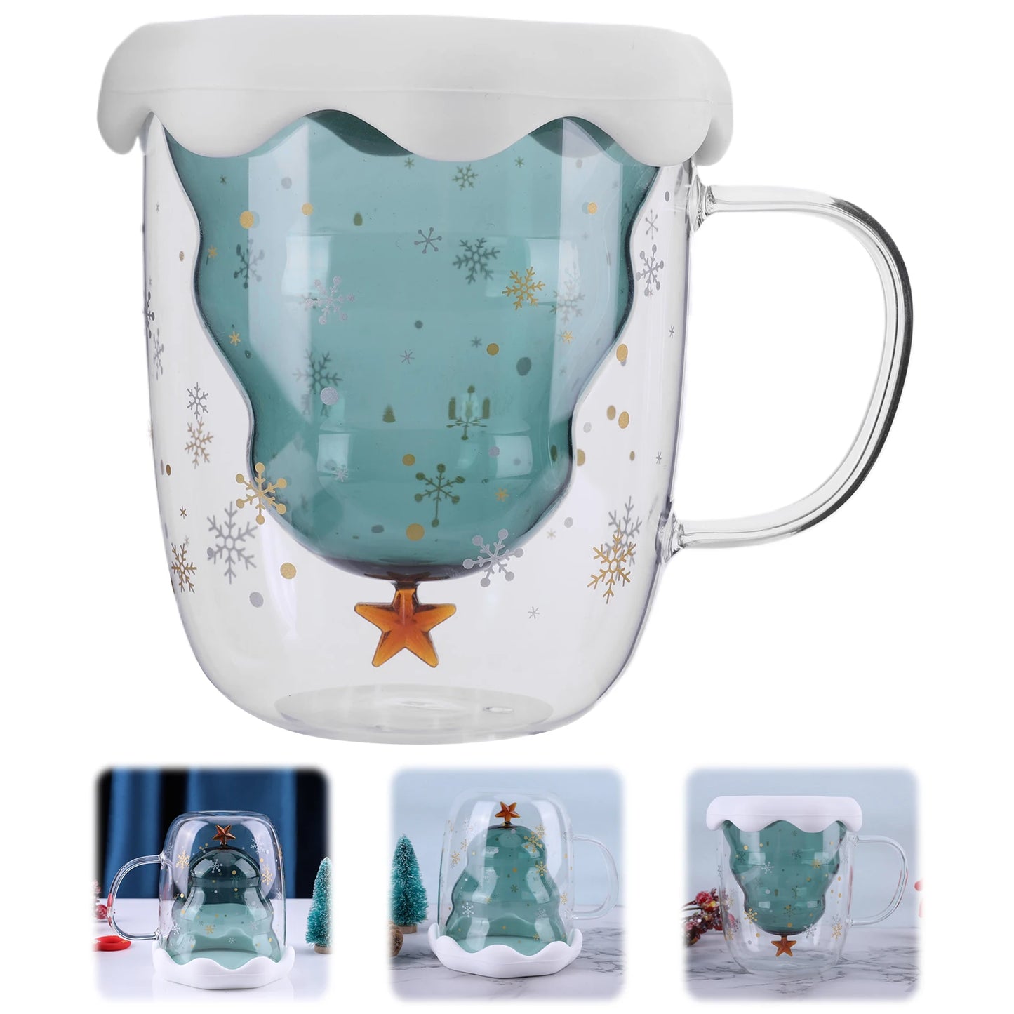 Christmas Tree Snow Scene Cup & Handle Christmas Clear Tree Coffee Mug Star Water Cup Valentine's Day Birthday New Year Gift