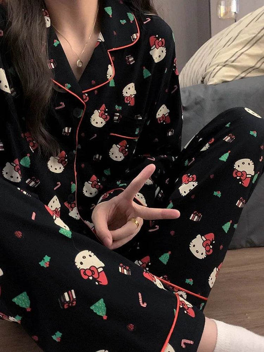 2Pcs/Set Christmas Hello Kitty Pajama Set Anime Cute Woman's - HORA GIFT