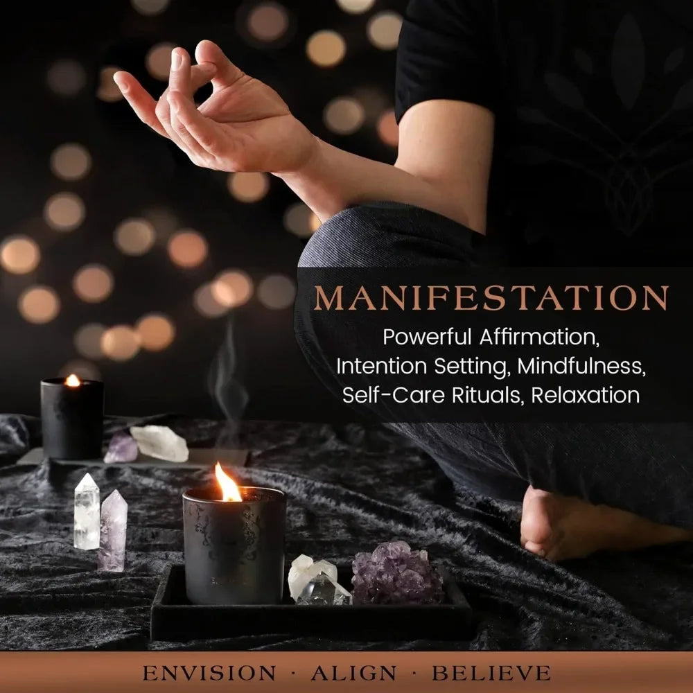 Manifestation Crystal Candle with Quartz - Black Orchid Pine Moss Scent - Natural Soy Wax Wood Wick for Meditation