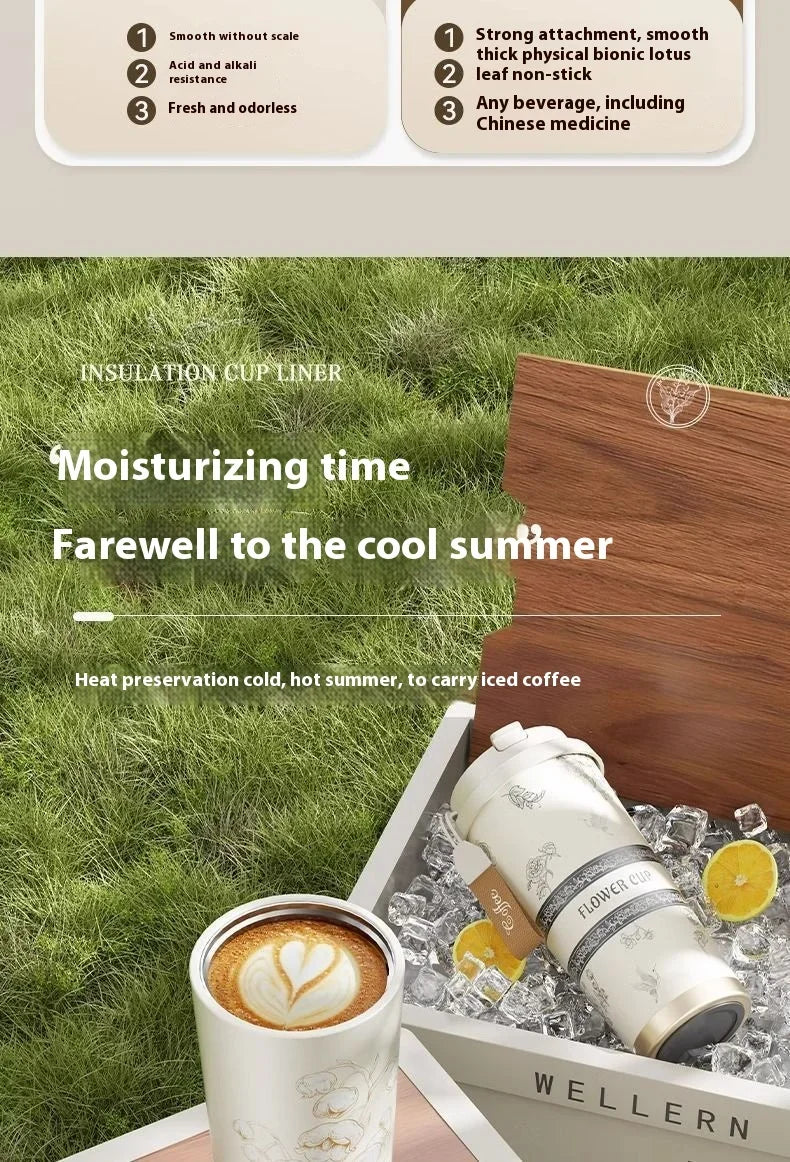 Lily Of The Valley Design Travel Portable Leakproof Coffee Cup Stainless Steel Insulated Bottle Cold Cup Handy Cup