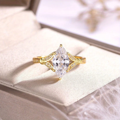 925 Silver 2CT Marquise Moissanite Ring Fine Jewelry Plated with 18k Gold Suitable for Gift Giving Anniversary Birthday Gift