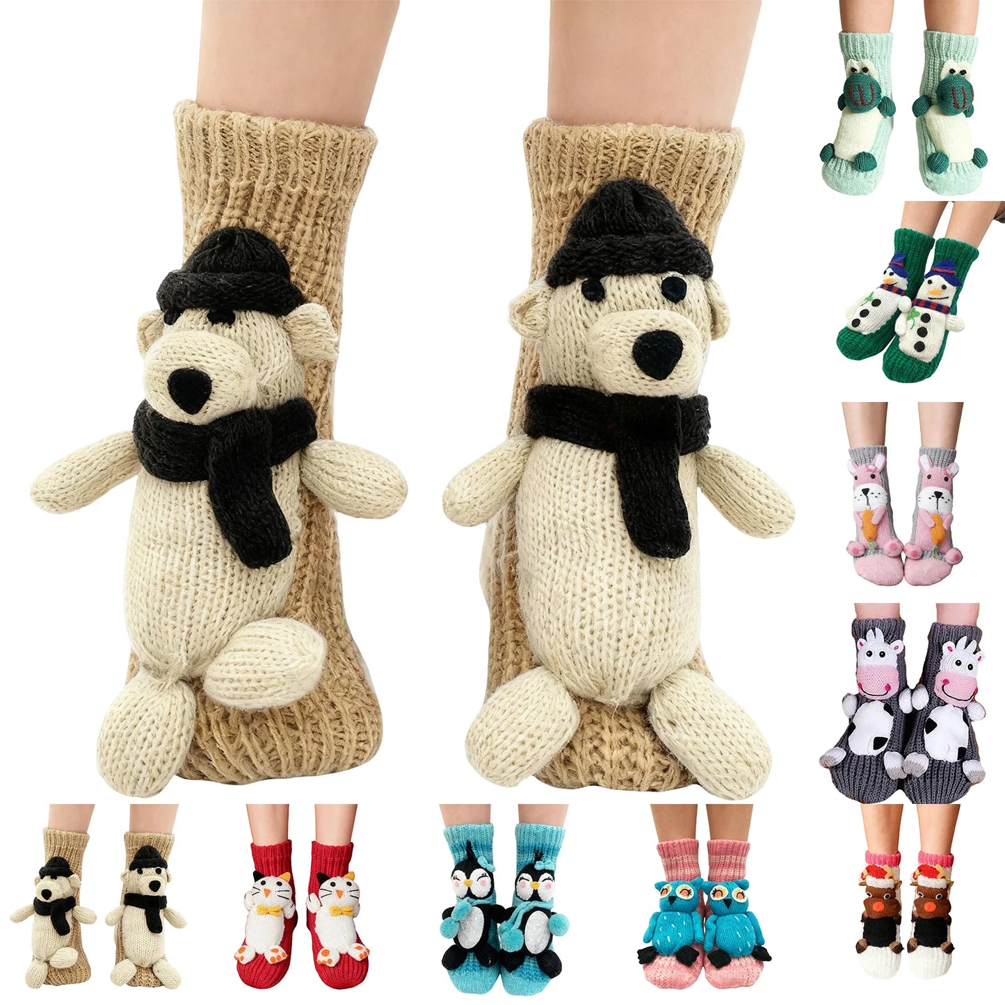 Women'S Thick Knit Proof Warm Casual Floor Carpet Socks Non-Slip Foot Warmer Snow Funny Cute Cartoon Animals Prints Socks 3d ﻿