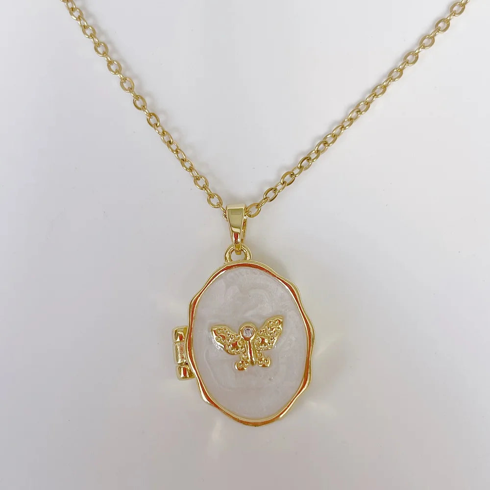 Vintage Rectangular Pendant Necklace with Enamel Floral Design in Stainless Steel