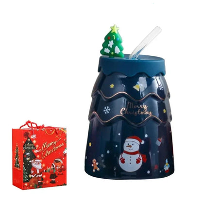 Creative Christmas Mugs Cartoon Xmas Tree Shape Santa Claus Elk Snowman Bell Ceramic Cup with Lid and Straw Coffee Mug Xmas Gift