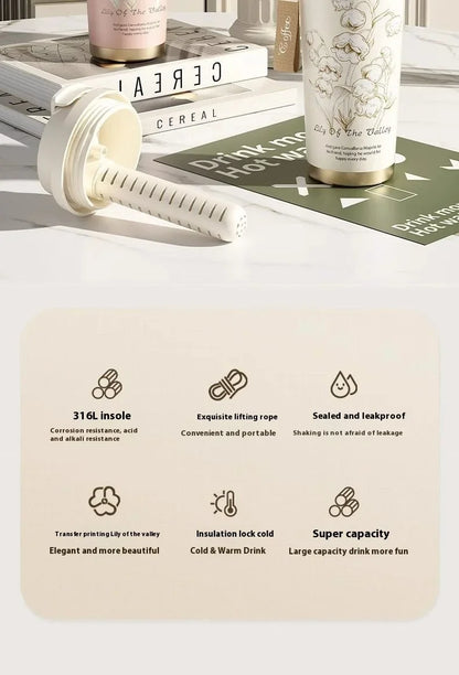 Lily Of The Valley Design Travel Portable Leakproof Coffee Cup Stainless Steel Insulated Bottle Cold Cup Handy Cup