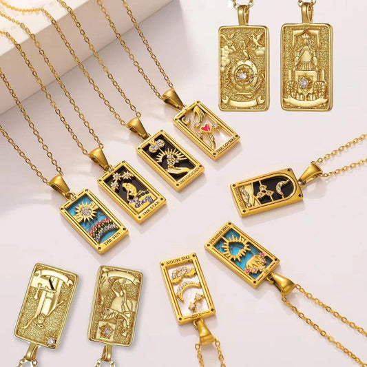 YILUOCD Original Zirconia Tarot Card Necklace Classic Tarot Queen Lover Magician Moon Wealth Amulet Stainless Steel Jewelry - HORA GIFT