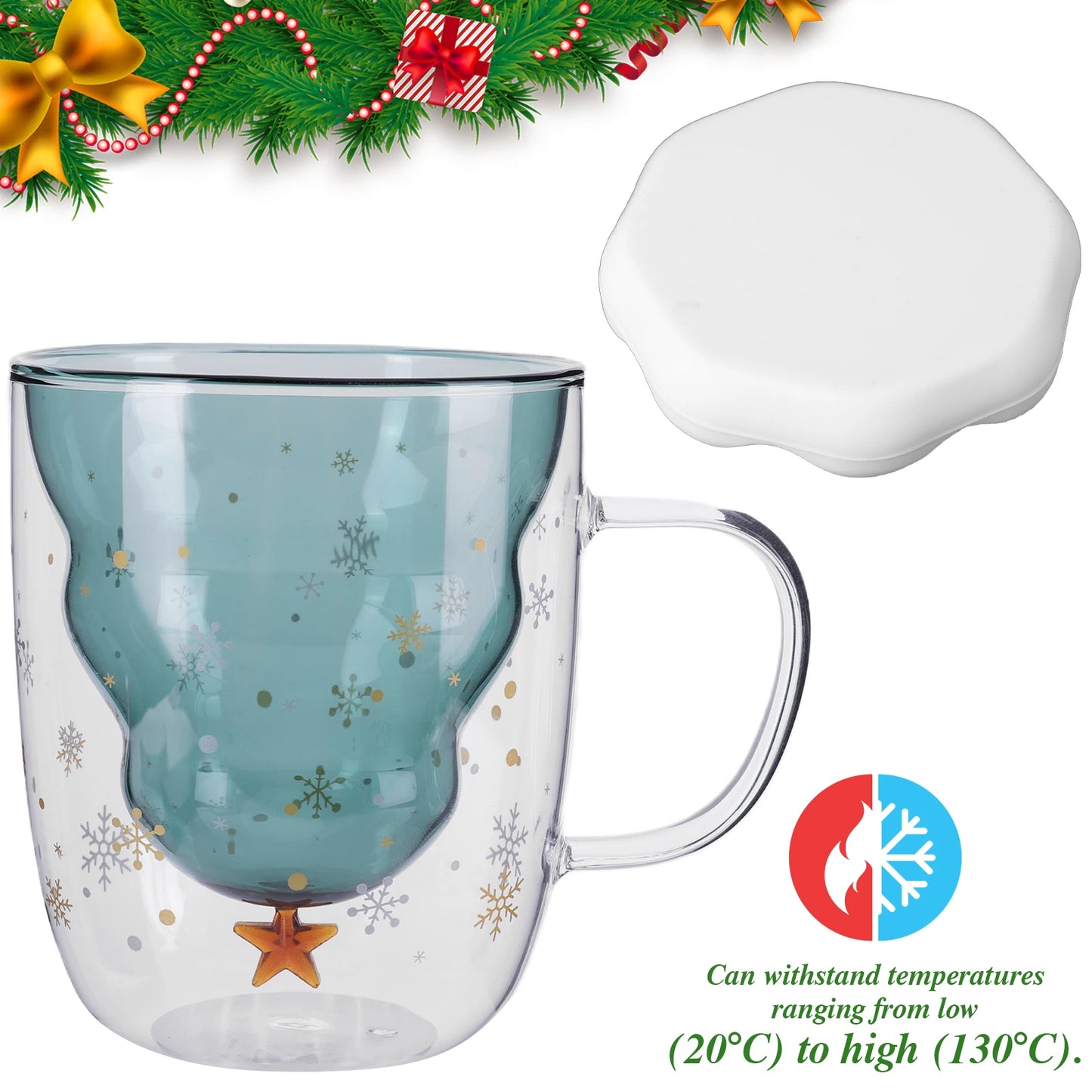 Christmas Tree Snow Scene Cup & Handle Christmas Clear Tree Coffee Mug Star Water Cup Valentine's Day Birthday New Year Gift