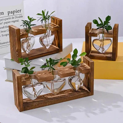 Heart Hydroponic Plant Vases Glass Vase Wooden Frame Terrarium Vase - HORA GIFT