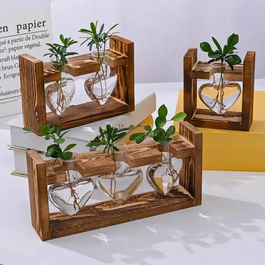 Heart Hydroponic Plant Vases Glass Vase Wooden Frame Terrarium Vase - HORA GIFT