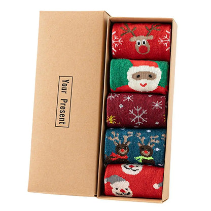 Christmas Socks 5Pairs Wool Socks Mid-tube Socks Fun Cute Socks With Santa Reindeer Pattern Women's Christmas Theme Gift Box