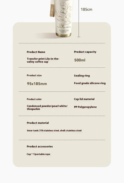 Lily Of The Valley Design Travel Portable Leakproof Coffee Cup Stainless Steel Insulated Bottle Cold Cup Handy Cup