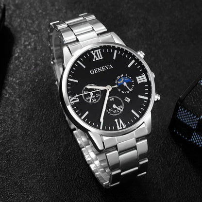 Men's Fashion 4-Piece Set: Calendar Quartz Watch, Silver Cross Pendant Necklace, Ring and Bracelet - HORA GIFT