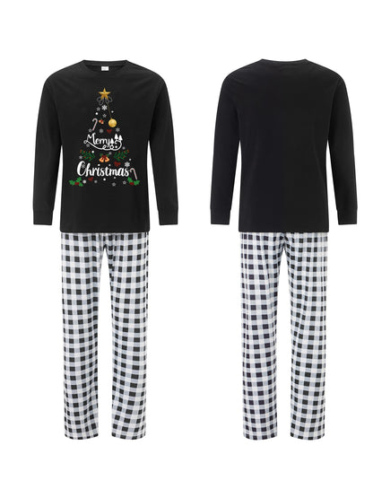 Matching Family Christmas Pajamas Set with Plaid and Letter Print Festive Holiday Sleepwear for Dad Mom and Kids Cozy PJs