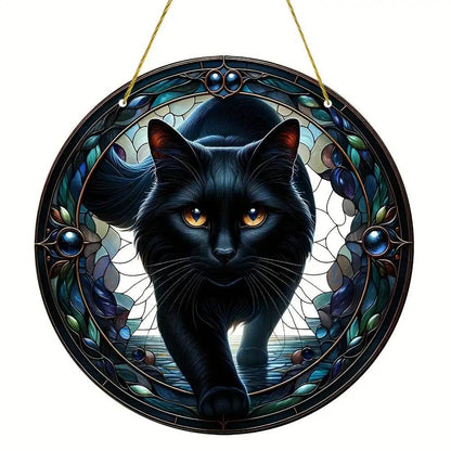 Black Cat Suncatcher - Acrylic Stained Style Window Hanging - HORA GIFT