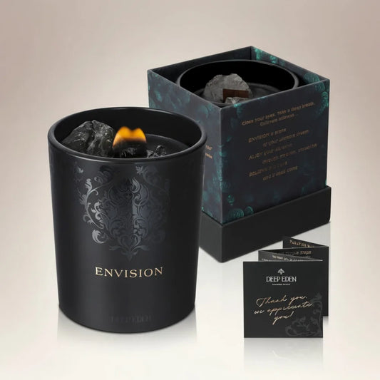 Manifestation Crystal Candle with Quartz - Black Orchid Pine Moss Scent - Natural Soy Wax Wood Wick for Meditation