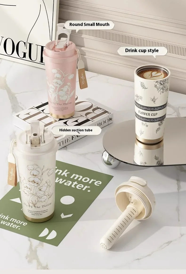 Lily Of The Valley Design Travel Portable Leakproof Coffee Cup Stainless Steel Insulated Bottle Cold Cup Handy Cup