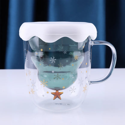 Christmas Tree Snow Scene Cup & Handle Christmas Clear Tree Coffee Mug Star Water Cup Valentine's Day Birthday New Year Gift