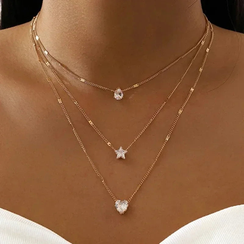 3 Layer Crystal Zircon Necklace Heart Star Multi-layer Pendant Necklace Women Fashion Square Rhinestone Female Necklaces Jewelry