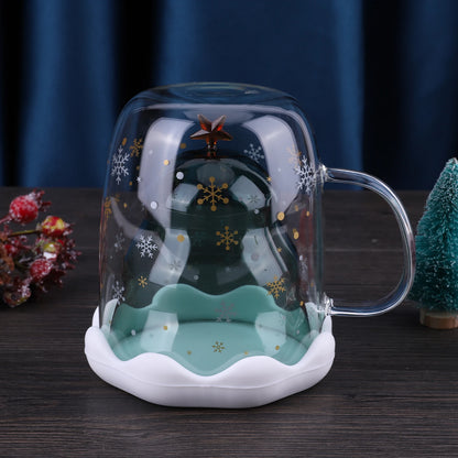 Christmas Tree Snow Scene Cup & Handle Christmas Clear Tree Coffee Mug Star Water Cup Valentine's Day Birthday New Year Gift