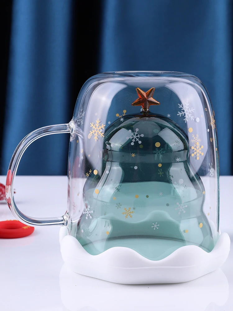 Christmas Tree Snow Scene Cup & Handle Christmas Clear Tree Coffee Mug Star Water Cup Valentine's Day Birthday New Year Gift