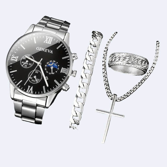 Men's Fashion 4-Piece Set: Calendar Quartz Watch, Silver Cross Pendant Necklace, Ring and Bracelet - HORA GIFT
