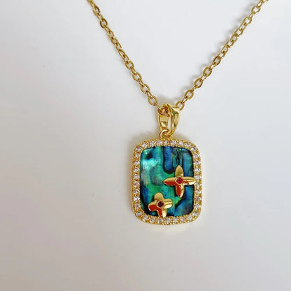 Vintage Rectangular Pendant Necklace with Enamel Floral Design in Stainless Steel