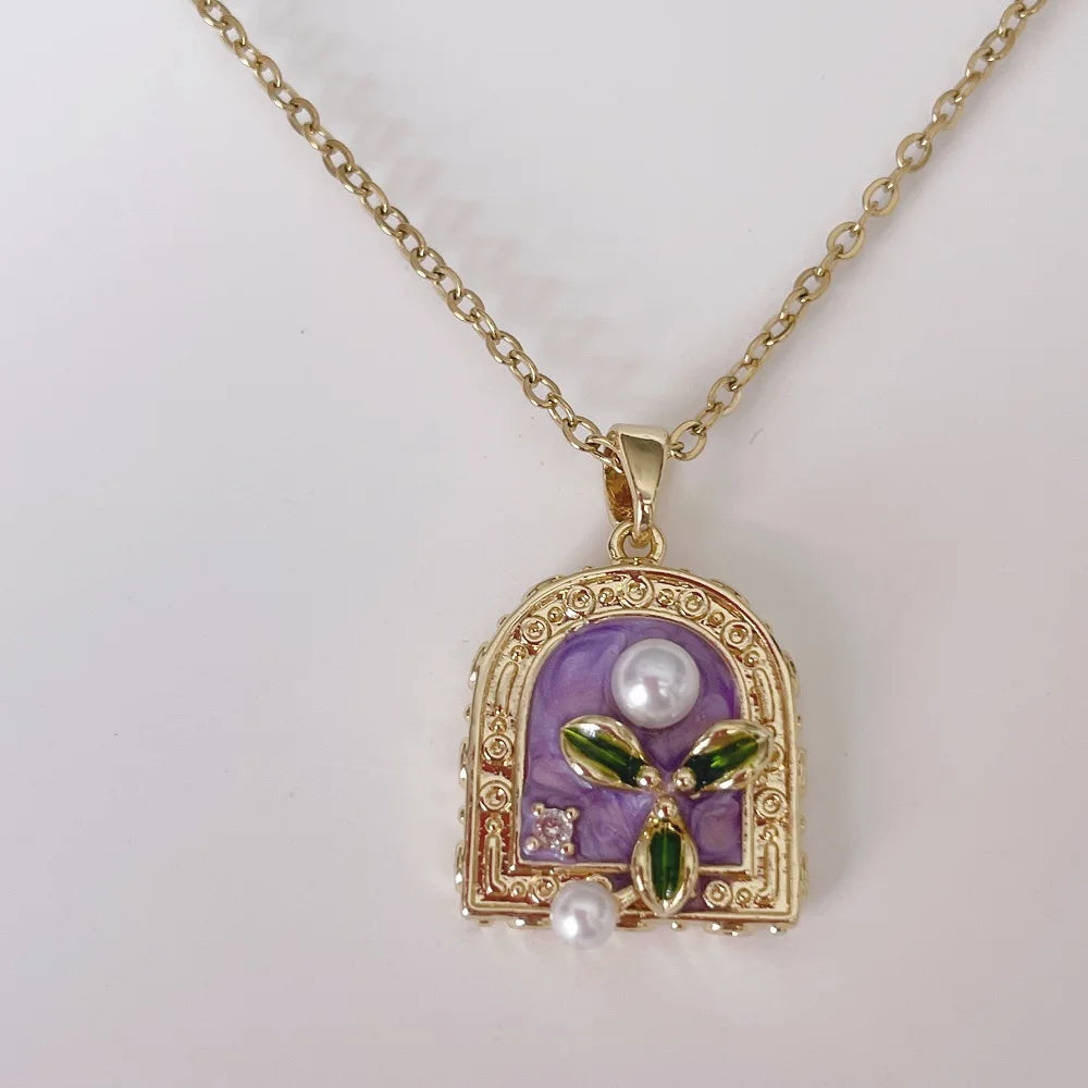 Vintage Rectangular Pendant Necklace with Enamel Floral Design in Stainless Steel