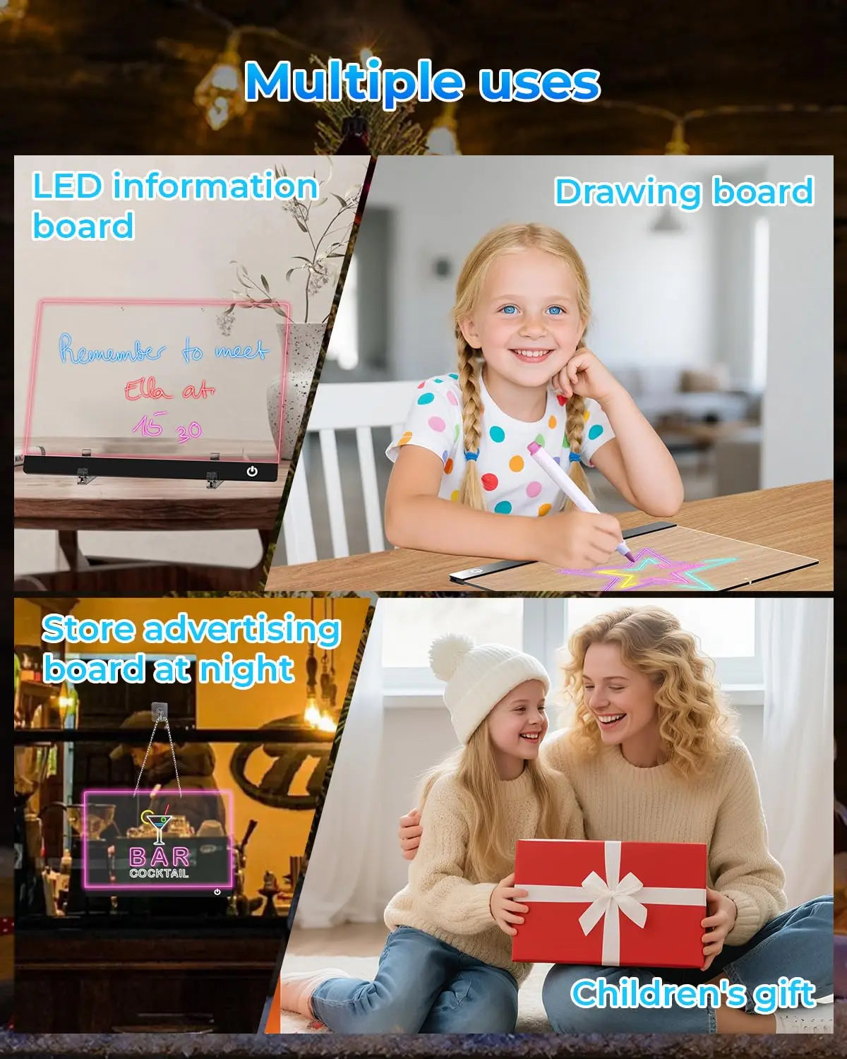 LED Note Board Night Light with 7 Colors & Flashing Mode Acrylic Dry Erase Drawing Board for Birthday/Holiday Gift office home