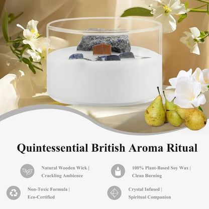 Luxury English Pear Freesia Soy Candle with Crackling Wood Wick and Healing Crystals for Relaxing Home Aromatherapy 55Hour NonT