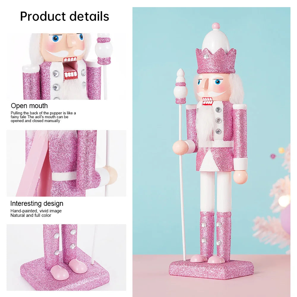 30cm Christmas Wooden Pink King Nutcracker Soldier Ornaments Handmade Pink Puppet Toys Office Desktop Christmas Decoration Gifts
