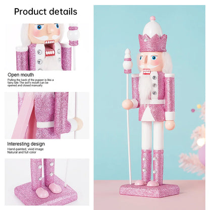 30cm Christmas Wooden Pink King Nutcracker Soldier Ornaments Handmade Pink Puppet Toys Office Desktop Christmas Decoration Gifts