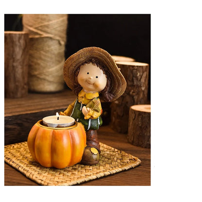 Fall Harvest Pumpkin Boy Tealight Candle Holder Centerpiece Thanksgiving Resin Figurine Fairy Garden Statue Table Decor