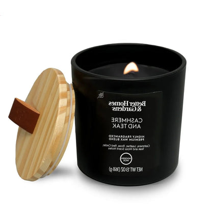 Scented Wooden Wick Jar Candle 13oz Cashmere Teak Fragrance Black Glass Home Decor 65 Hour Burn Time Leather Lid