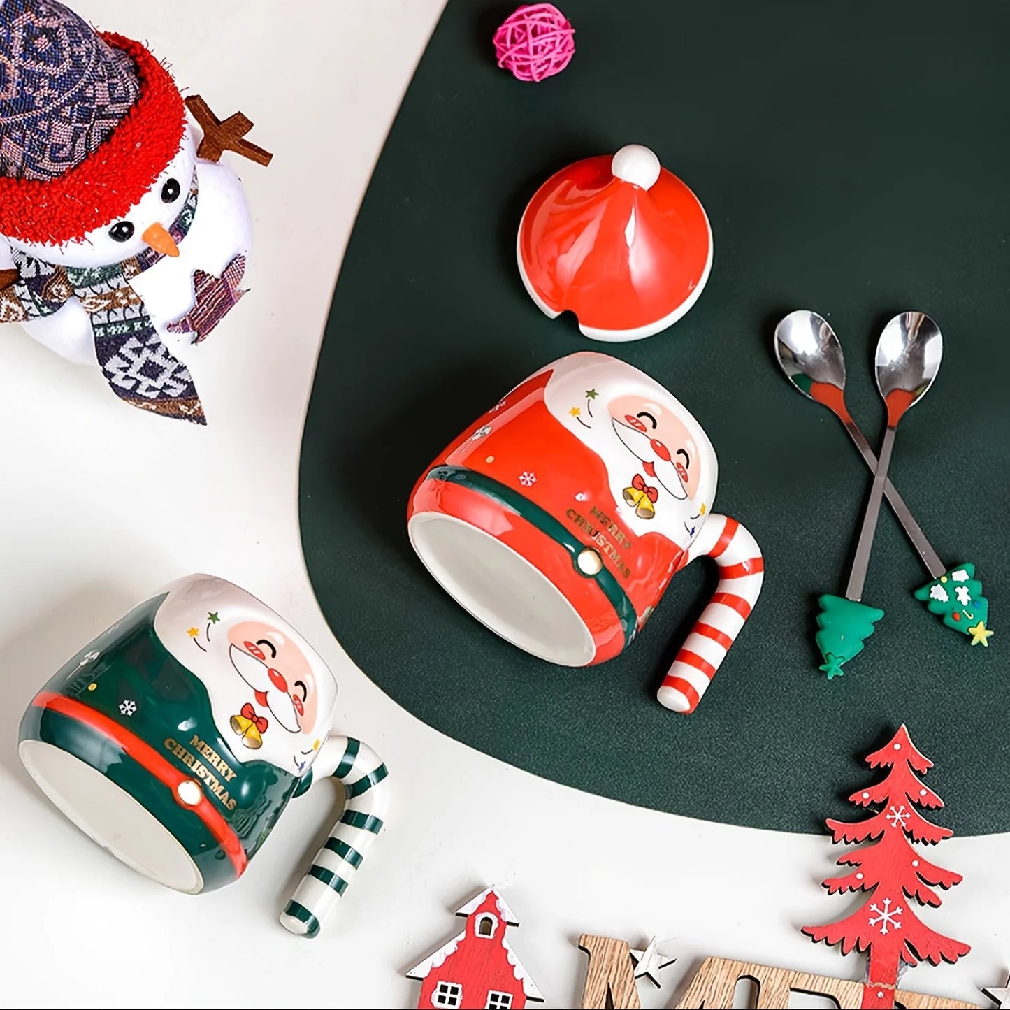 KEPEAK Christmas Santa Claus Ceramic Mugs with Lids and Spoons Animal Print Portable BPA-Free Festive Coffee Cups Set for Gifts