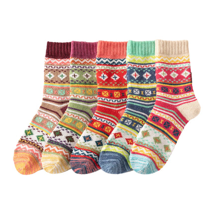 Christmas Socks 5Pairs Wool Socks Mid-tube Socks Fun Cute Socks With Santa Reindeer Pattern Women's Christmas Theme Gift Box