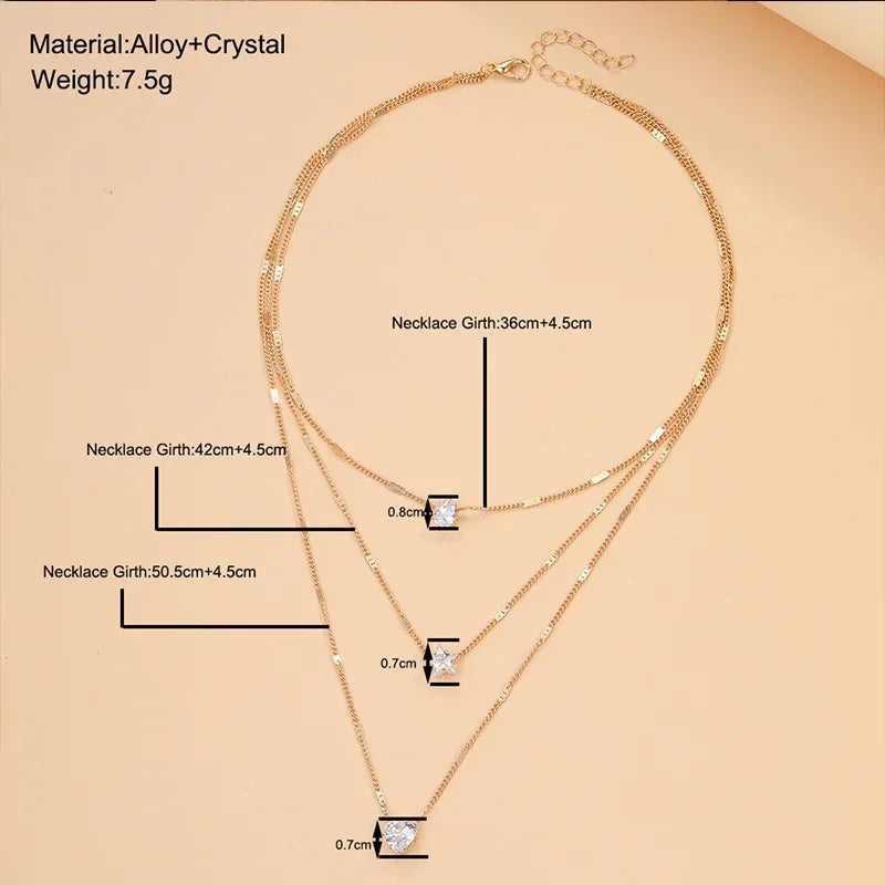 3 Layer Crystal Zircon Necklace Heart Star Multi-layer Pendant Necklace Women Fashion Square Rhinestone Female Necklaces Jewelry