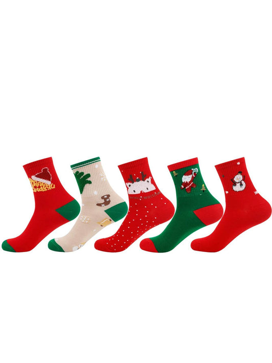 5 Pairs Socks Cartoon Christmas Socks Snowman Elk Socks Women Socks - HORA GIFT