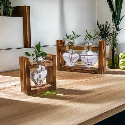 Heart Hydroponic Plant Vases Glass Vase Wooden Frame Terrarium Vase - HORA GIFT