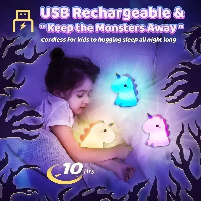 【Perfect Christmas Gift】Adorable Unicorn Silicone Night Light – USB Rechargeable 3-Level Dimmable Touch Lamp