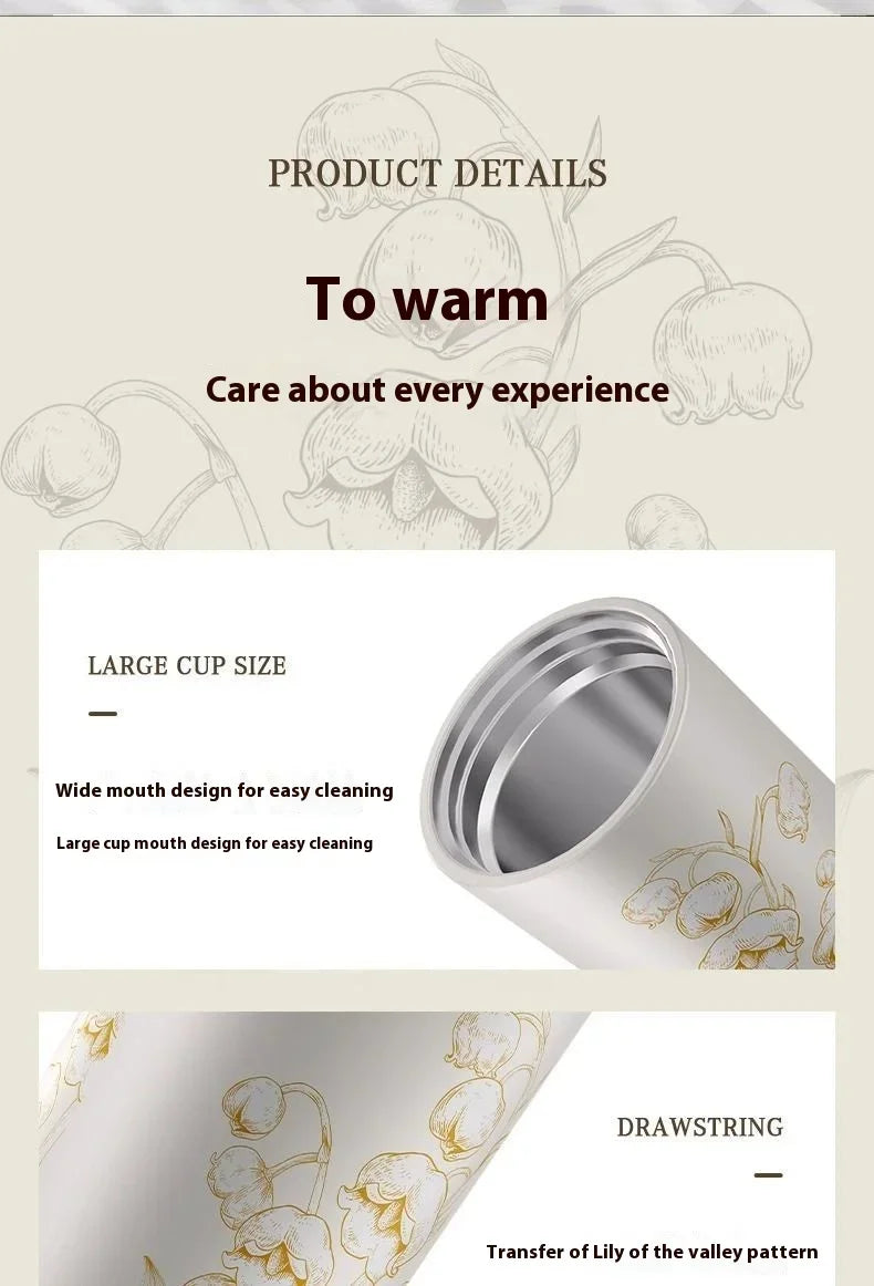 Lily Of The Valley Design Travel Portable Leakproof Coffee Cup Stainless Steel Insulated Bottle Cold Cup Handy Cup