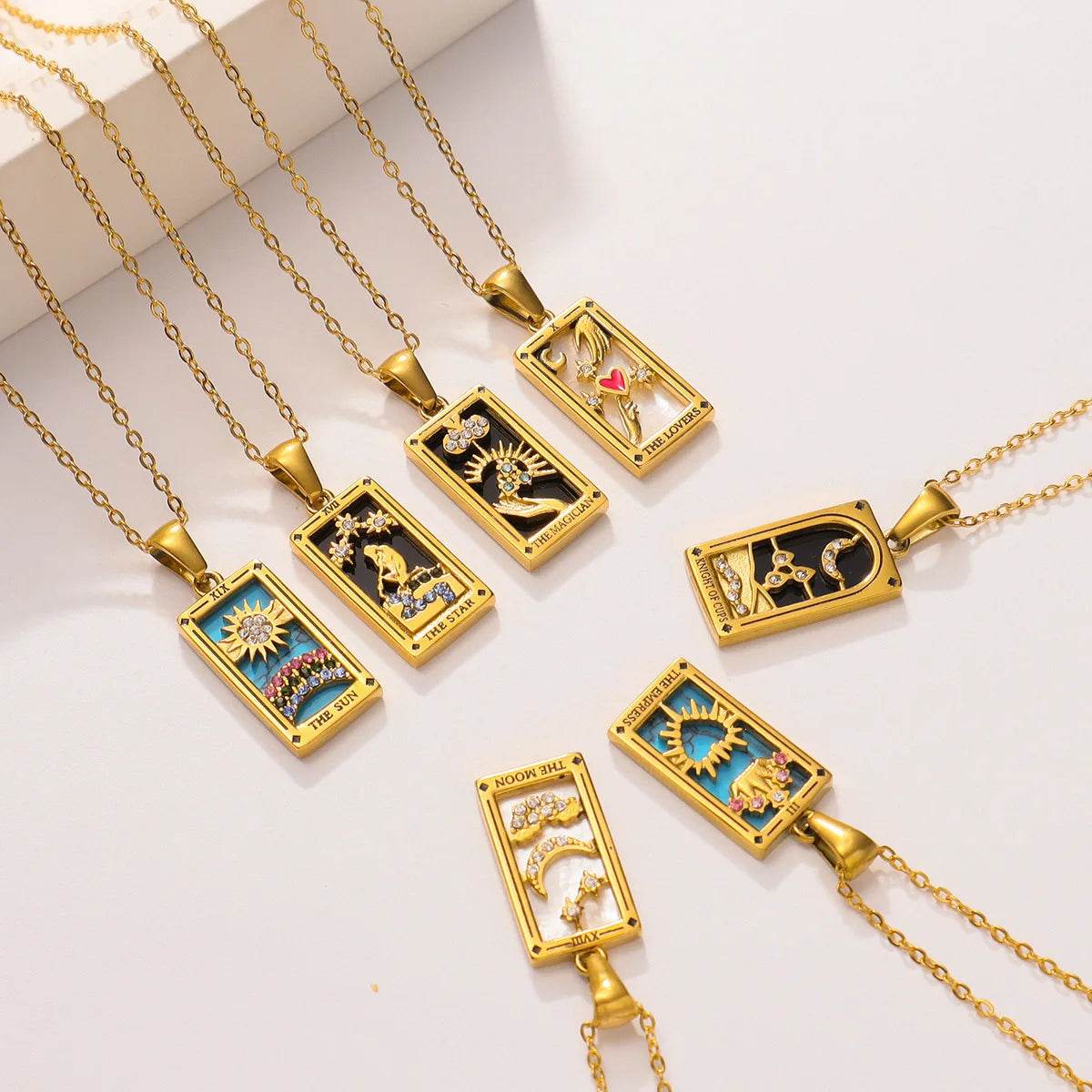 YILUOCD Original Zirconia Tarot Card Necklace Classic Tarot Queen Lover Magician Moon Wealth Amulet Stainless Steel Jewelry - HORA GIFT