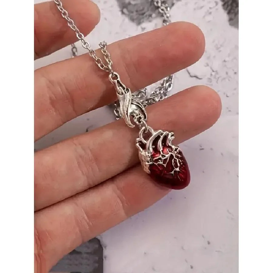 Anatomical Heart Pendant Necklace, Red Silver Pendant, Gothic Style Jewelry