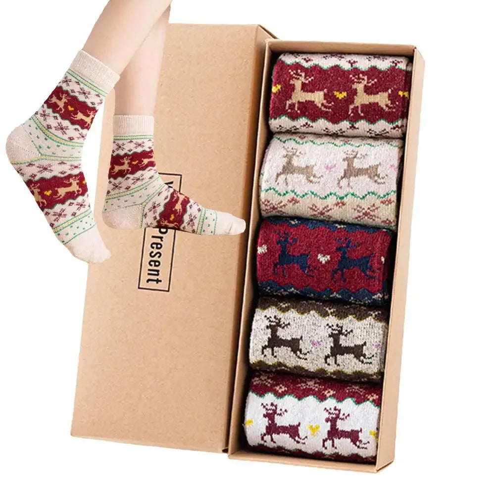 Christmas Socks 5Pairs Wool Socks Mid-tube Socks Fun Cute Socks With Santa Reindeer Pattern Women's Christmas Theme Gift Box