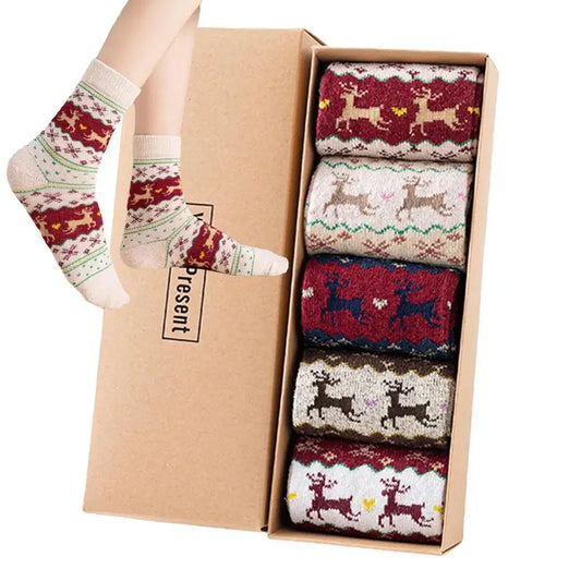 Christmas Socks 5Pairs Wool Socks Mid-tube Socks Fun Cute Socks With Santa Reindeer Pattern Women's Christmas Theme Gift Box